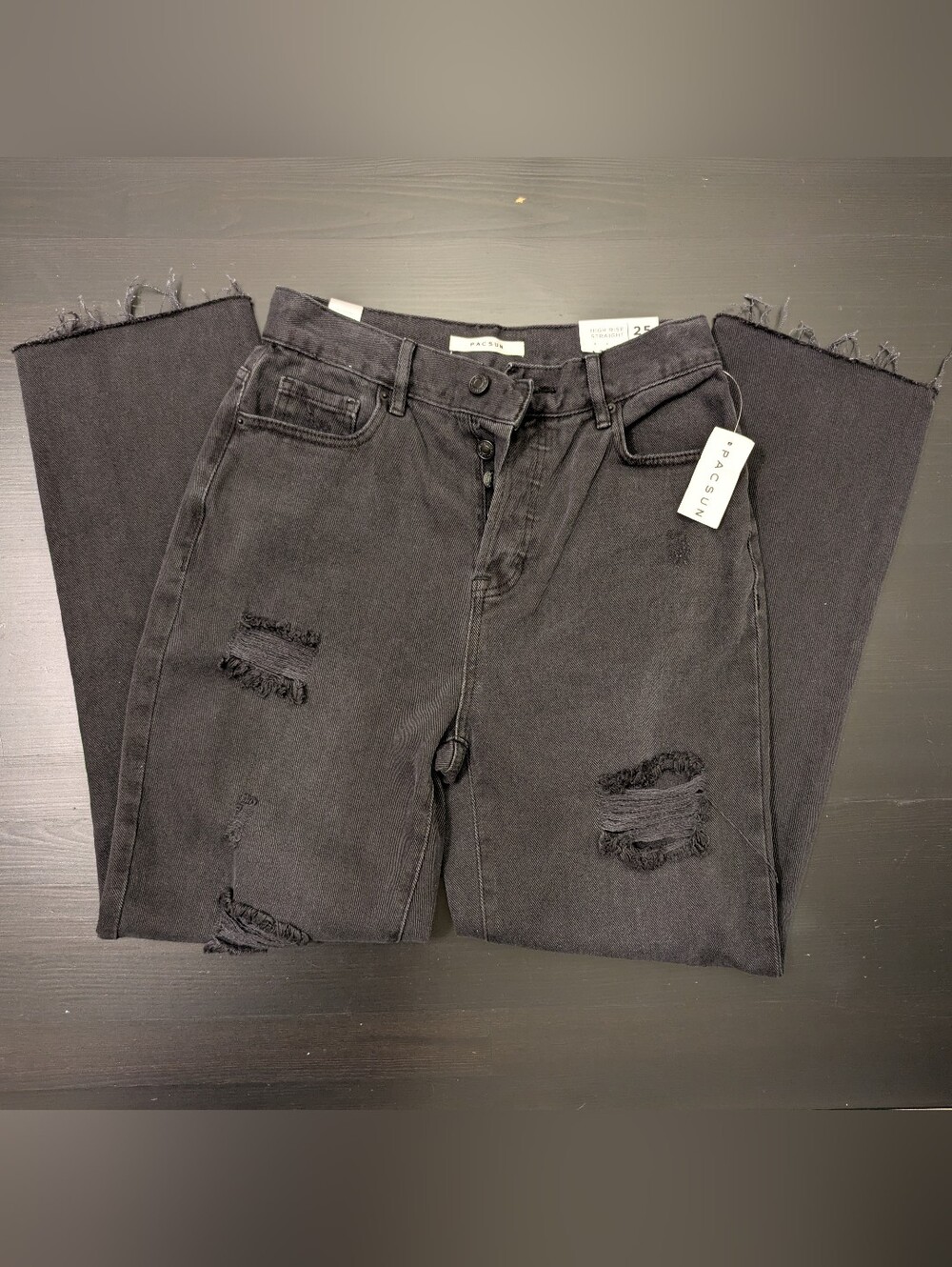 NWT PacSun Black High Rise Straight Jeans Size 25 Distressed Accents